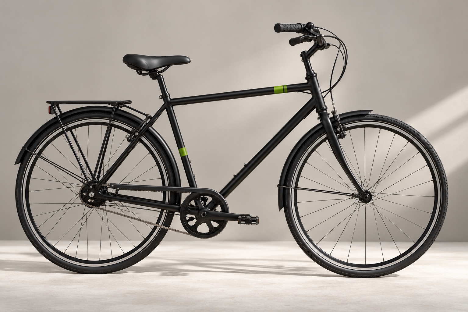 Illustrative black city bicycle with lime accents, shown in full side profile